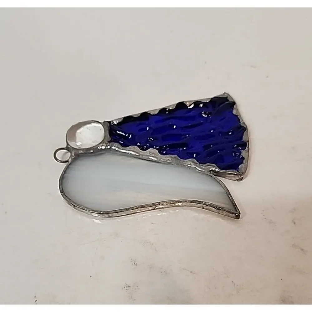 Stain Glass Angel Ornament Blue Textured Glass Body White Glass Wings 3.5”T
